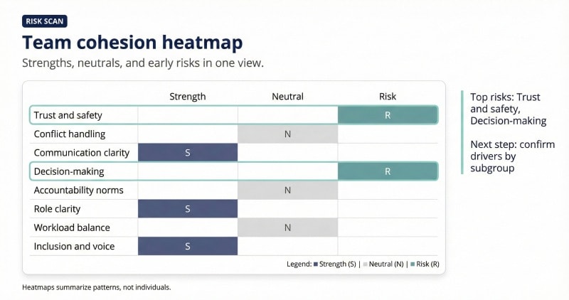 Team dynamics assessment heatmap highlighting risks to team cohesion