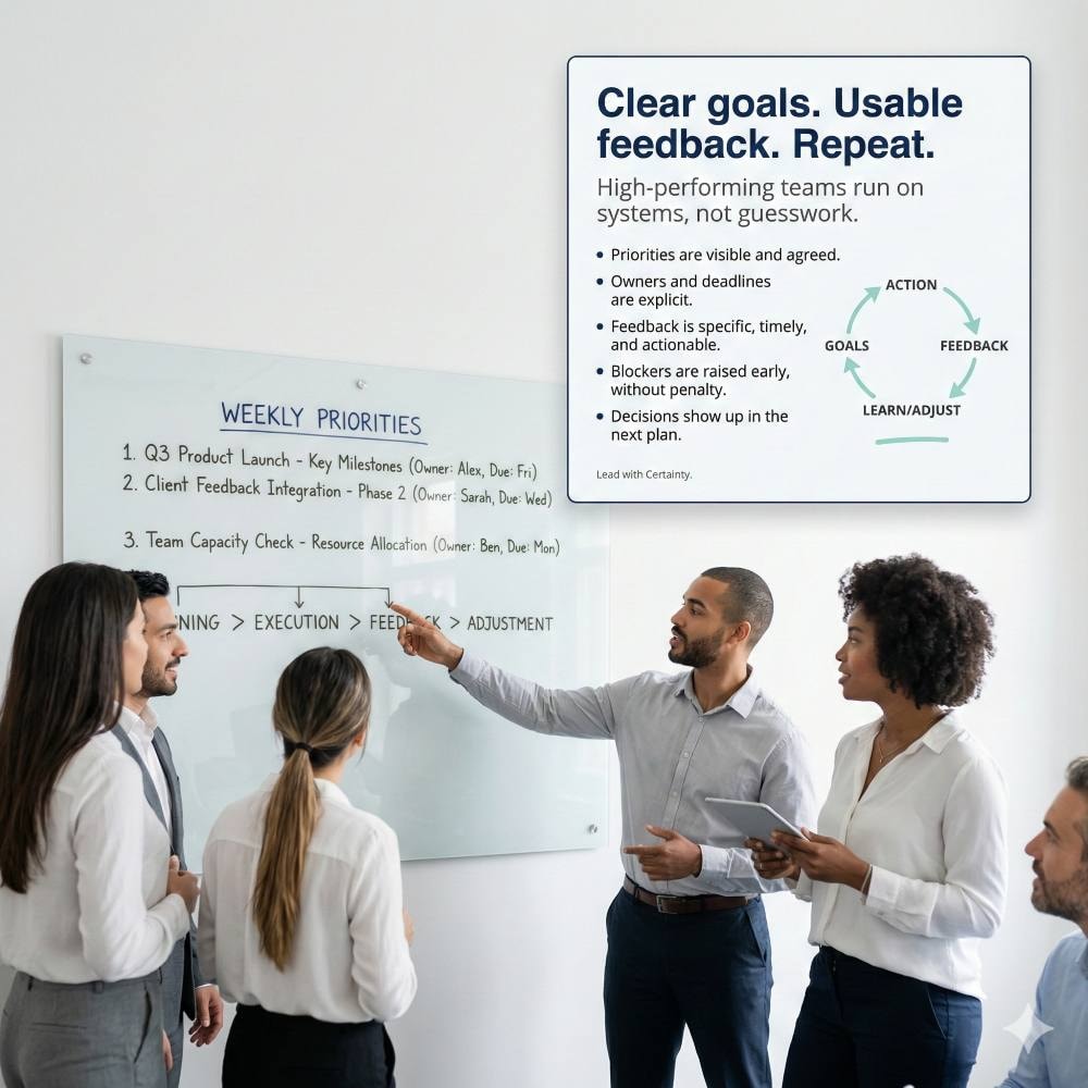 Workplace environment with clear goals and constructive feedback rituals