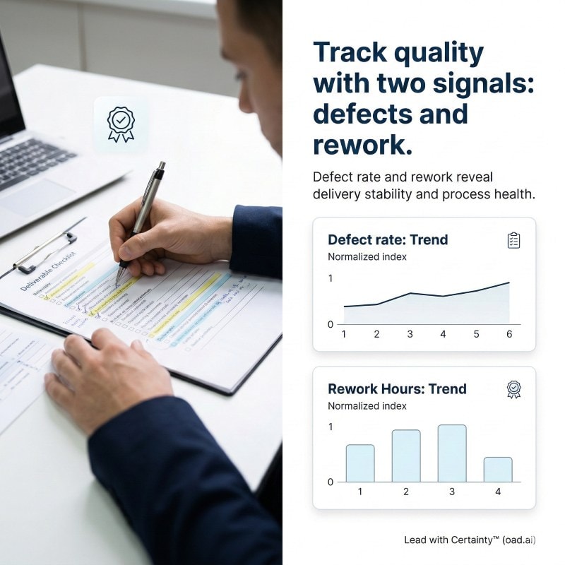 Quantitative data tracking defect rate and rework in team deliverables