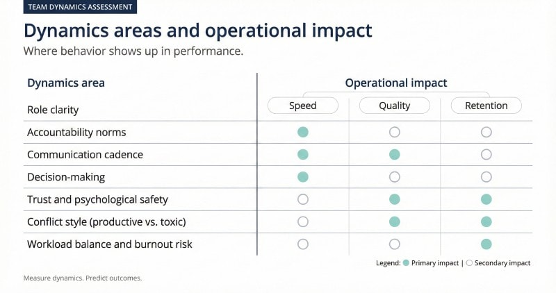Key areas in a team dynamics assessment and their impact on team performance