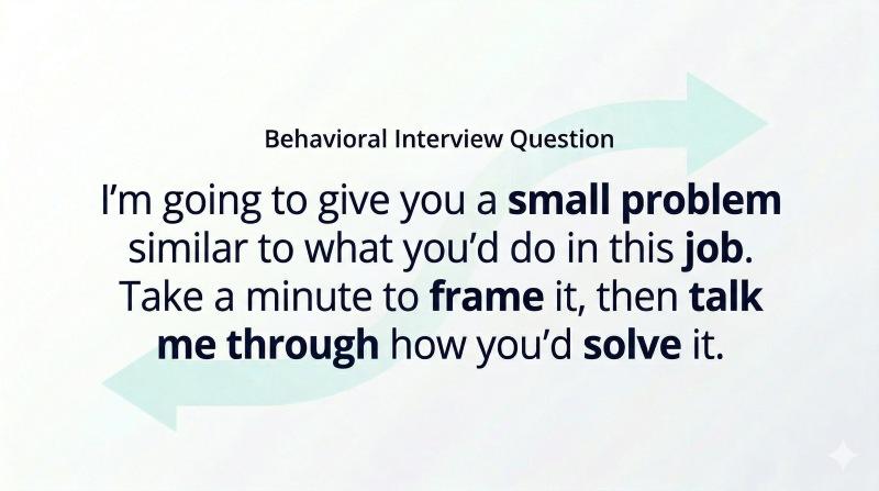 I’m going to give you a small problem similar to what you’d do in this job. Take a minute to frame it, then talk me through how you’d solve it.
