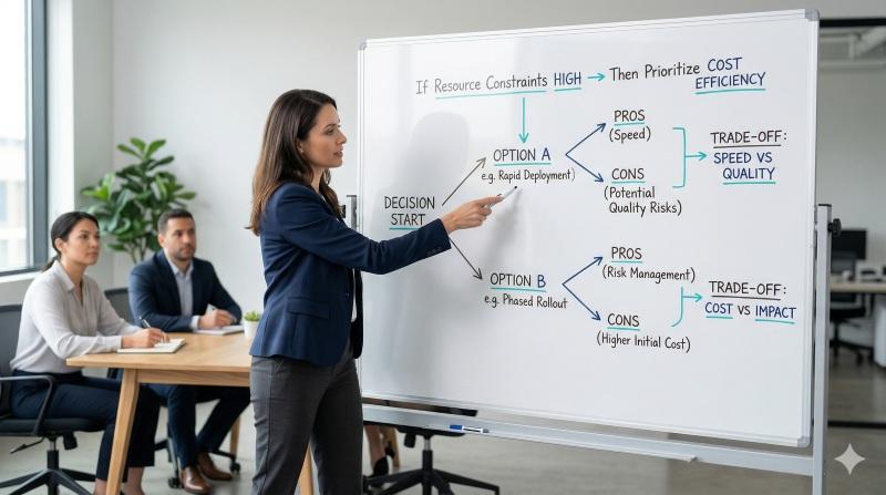 Candidate explaining strategic decisions and trade-offs in a situational interview question