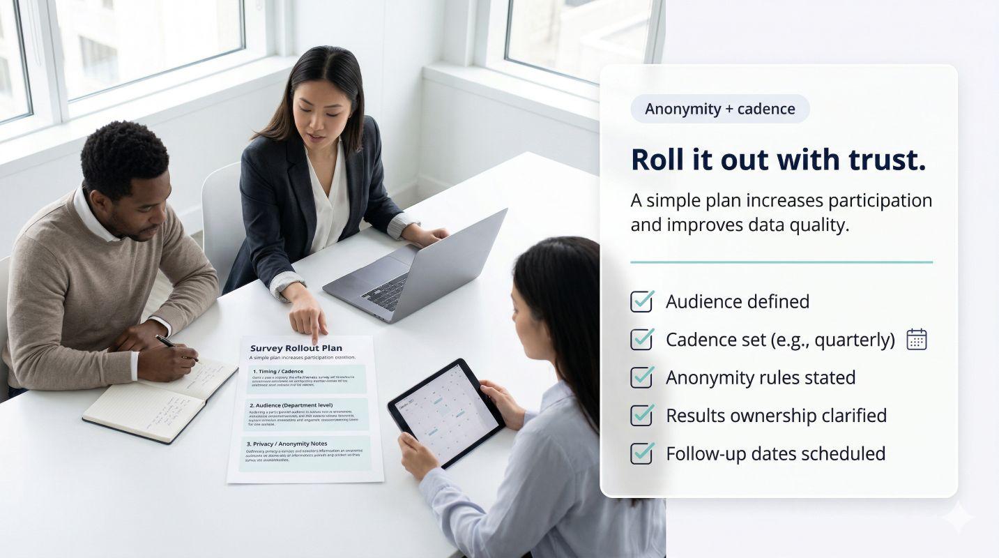 Planning a team effectiveness survey rollout with anonymity and clear cadence