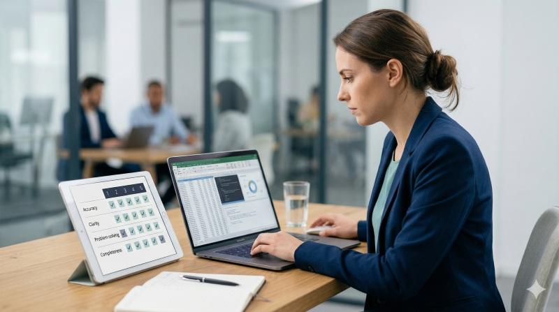 Work sample skills assessment for hiring with scoring rubric