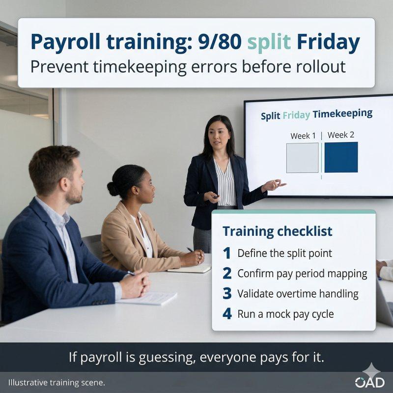 Training payroll on timekeeping rules for an 80 schedule split Friday