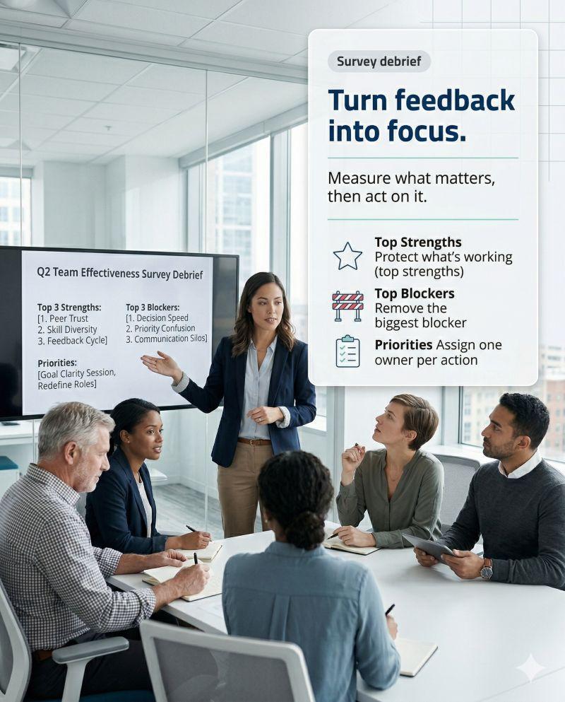 Manager debriefing team effectiveness survey findings with action priorities