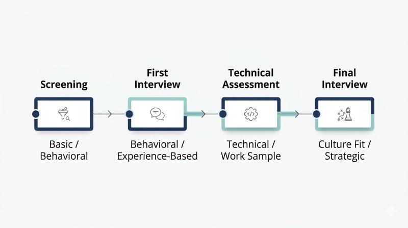 “Hiring process timeline showing where to use behavioral, technical, and culture-fit interview questions