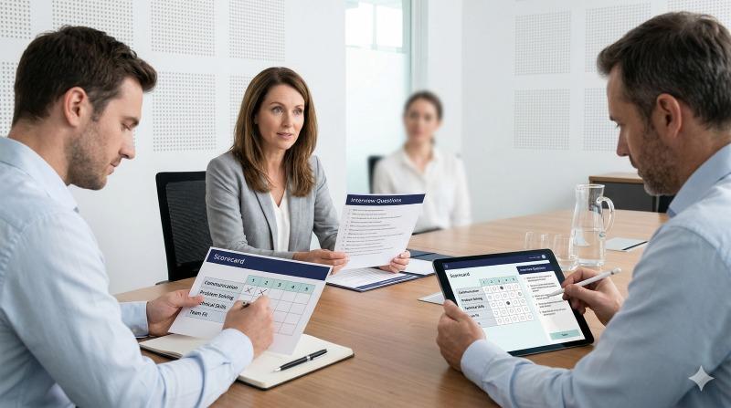 Hiring manager using standardized interview questions and a structured scorecard
