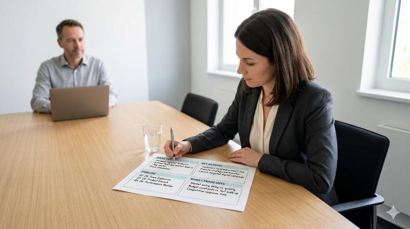 Candidate drafting a strategic plan during an interview
