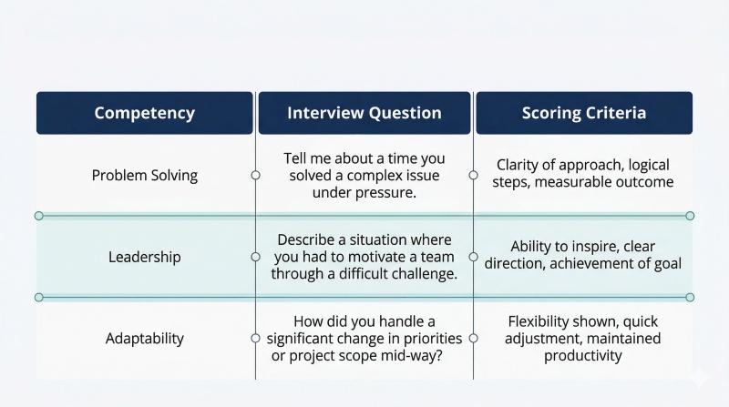 Interview questions mapped to competencies and scoring criteria