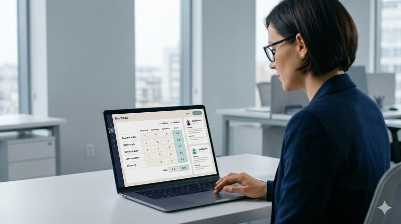 HR leader evaluating candidates with strategic interview questions and a scoring rubric