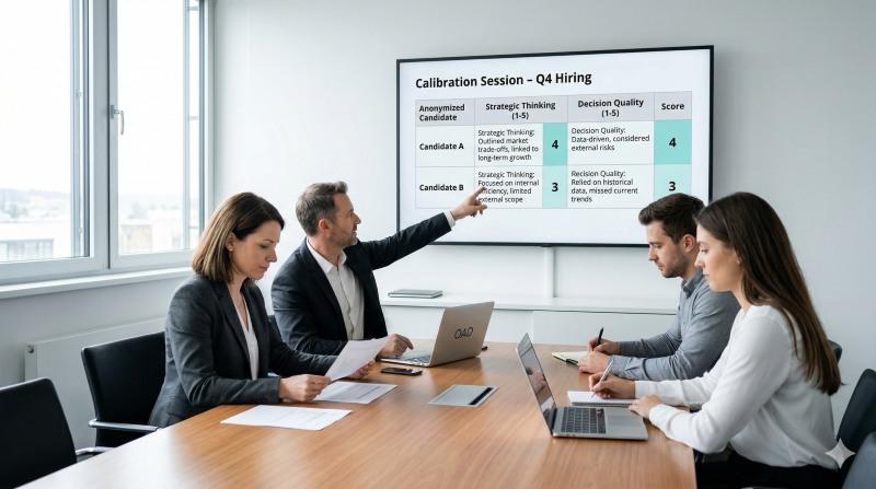 Calibration session to improve scoring consistency in strategic interviews