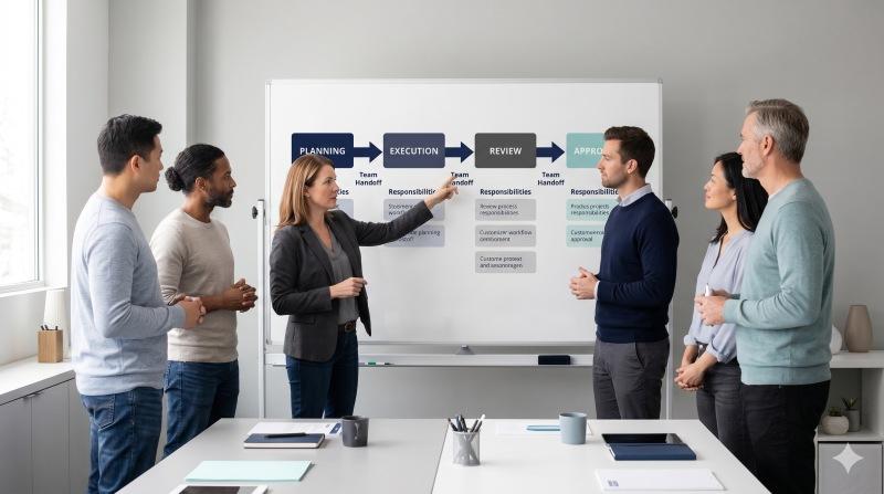 Team improving team dynamics by clarifying workflow handoffs