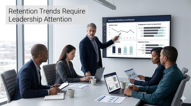 Leadership reviewing employee engagement and employee retention trends