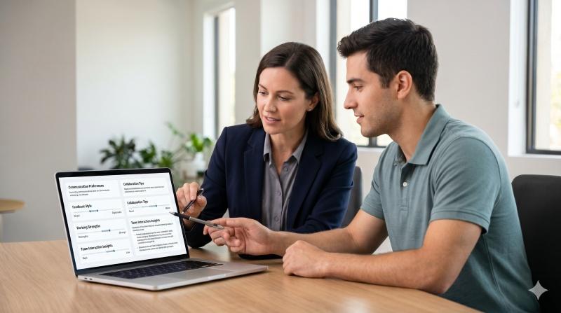Manager using behavioral team assessment insights to improve communication
