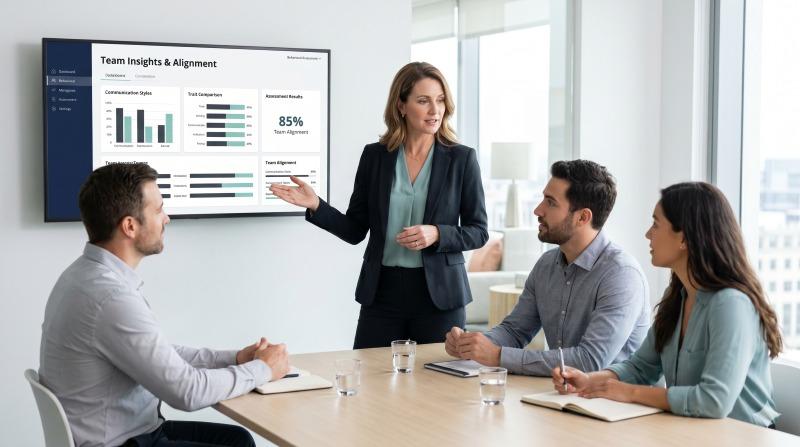 HR leader reviewing team assessment results to improve team dynamics